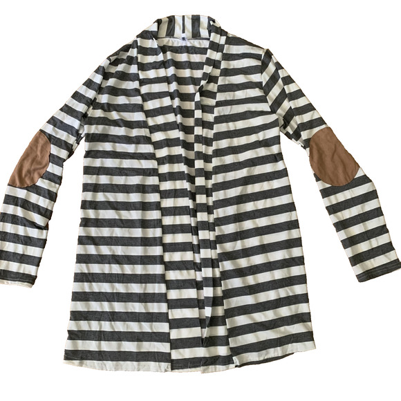 NEW MYOBE GRAY/WHITE STRIPED OPEN FRONT BLAZER WITH PATCH ELBOWS SIZE LARGE - Picture 1 of 4